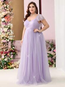 SHEIN Belle Váy dạ hội thanh lịch cổ chữ V sâu, màu tím nhạt, ánh vàng và bạc, nhiều lớp lưới xếp nếp cỡ lớn cho nữ, váy phù dâu, váy cưới, váy tốt nghiệp, váy dạ hội, váy dự tiệc, dự tiệc tối - Màu tím hoa cà - Xem 7