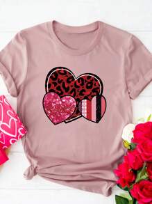 INAWLY Heart Printed Round Neck Short Sleeved Casual T-Shirt, Suitable For Valentine's Day - Baby Pink - View 1