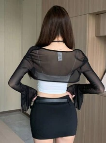 DAZY 女式超短款网眼吊带背心，喇叭袖，外出上衣，夏季，荷叶边透明长袖女式上衣 - 黑色 - 查看 2