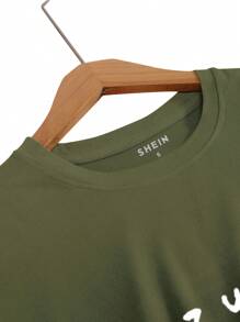 SHEIN LUNE Ladies' Cartoon Letter Print Short Sleeve T-Shirt - Army Green - View 4