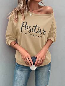 SHEIN LUNE 標語圖案落肩袖運動衫 - 杏色 - 查看 5