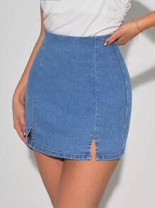 SHEIN Tall 女士純色分裂邊修身牛仔短褲 - 中等水洗藍 - 查看 5