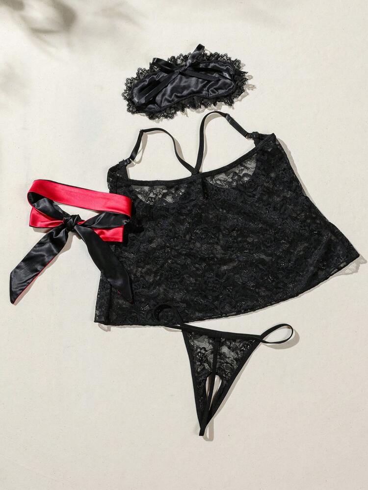 Women's Black Classic Sexy Sheer Lace Lingerie Set With Spaghetti Strap And Eye Mask