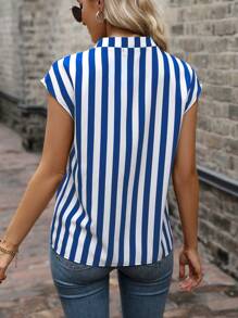 EMERY ROSE Notched Collar Stripe Blouse - Blue and White - View 2