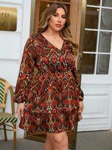 SHEIN Frenchy Plus Size Printed Lantern Sleeve Dress - Black - View 1
