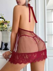 Women's Lace & Mesh Contrast Halter Neck Babydoll Lingerie Dress - Burgundy - View 2