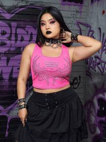 ROMWE Grunge Punk Plus Size Y2k Millennium Pink Valentine's Day Rhinestone Embellished Short Tight Tank Top For Summer - Pink - View 4