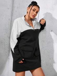 RueChic Plus Two Tone Flap Pocket Drop Shoulder Quarter Zip Sweatshirt Dress - Black - View 5