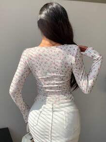 DAZY Women's Slim Fit Ruched Ditsy Floral Long Sleeve T-Shirt Summer - Baby Pink - View 2