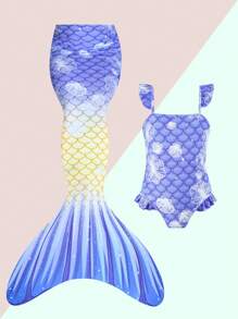 少女魚鱗印花連體泳衣套裝 - 藍色 - 查看 1