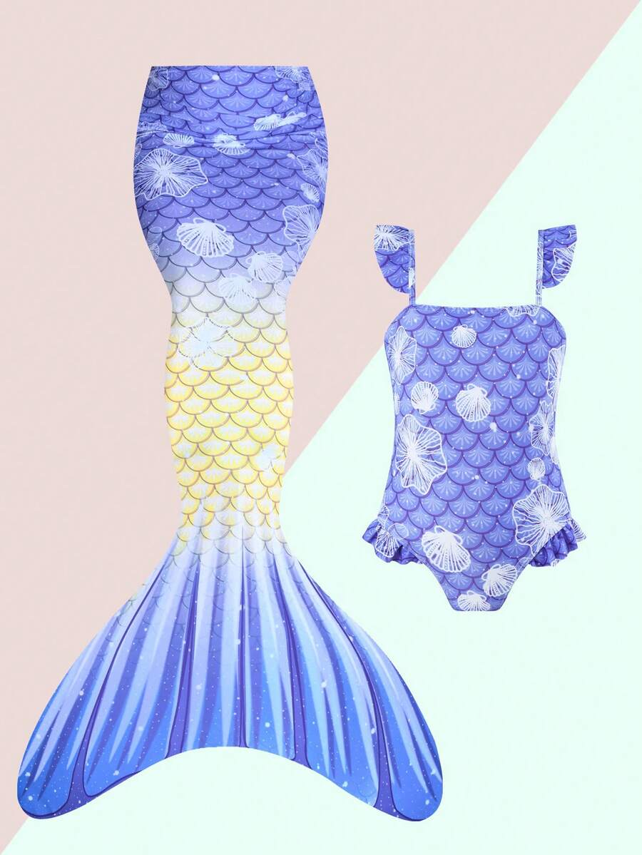 少女魚鱗印花連體泳衣套裝 - 藍色 - 查看 1