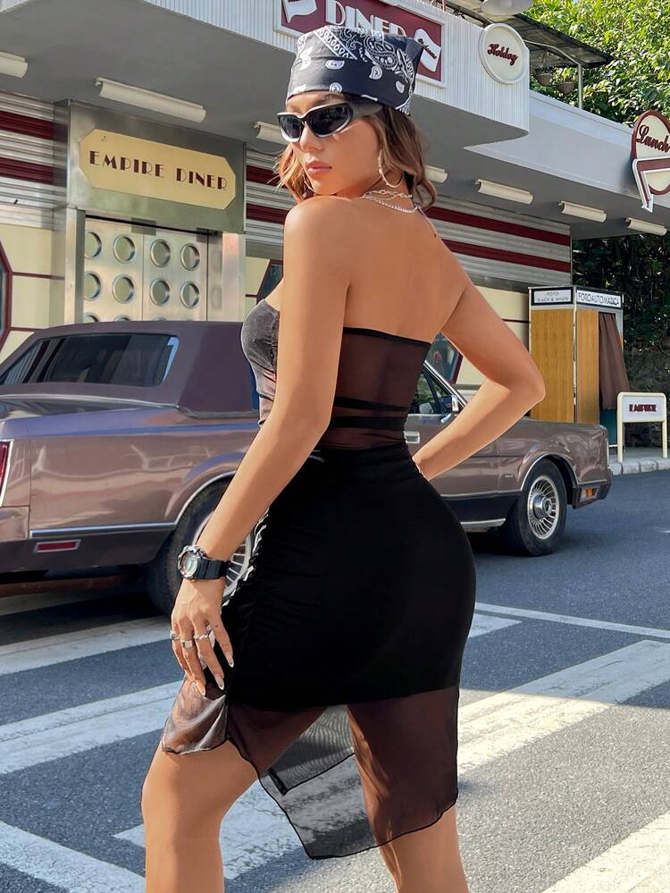 Asymmetric Hem Sheer Patchwork Crop Top Dress, Fashion