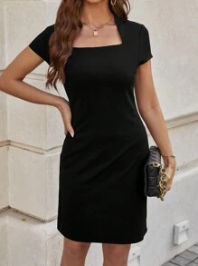 SHEIN Clasi 女士方領短袖連衣裙 - 黑色 - 查看 2