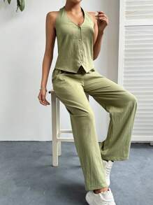 SHEIN Essnce 女性純色露背背心上衣和寬腳褲休閒兩件套裝 - 綠色 - 查看 5