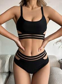SHEIN Swim Women's Hollow Out High Neck Bikini Set Carnival Summer - Black - View 1