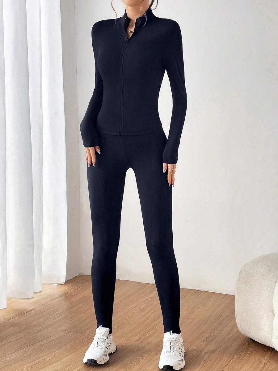 SHEIN EZwear 女式拉链半襟长袖 T 恤和紧身裤套装 - 藏蓝色 - 查看 1