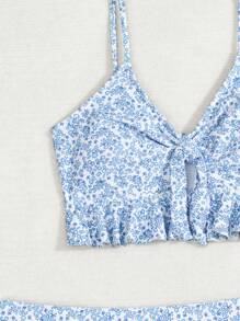 Swim Mod 夏季沙灘女士全印花隨機圖案荷葉邊三件式比基尼套裝