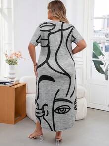 SHEIN LUNE 大尺碼女士塗鴉肖像線描圖案短袖灰色連衣裙 - 灰色 - 查看 2