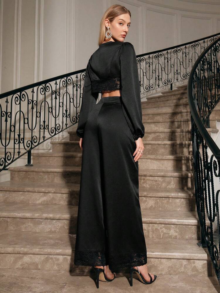 Lace Spliced Lantern Sleeve Top And Wide Leg Pants Set Fall Cloth For Women
