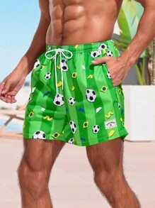 Surfspeed Men's Fashionable Soccer Printed Drawstring Beach Shorts - Green - View 1