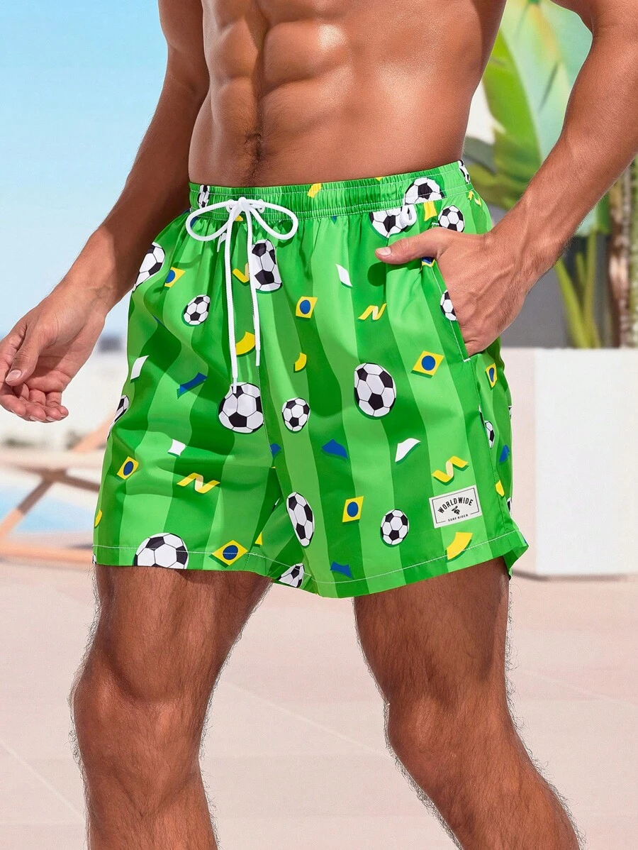 Surfspeed Men's Fashionable Soccer Printed Drawstring Beach Shorts - Green - View 1