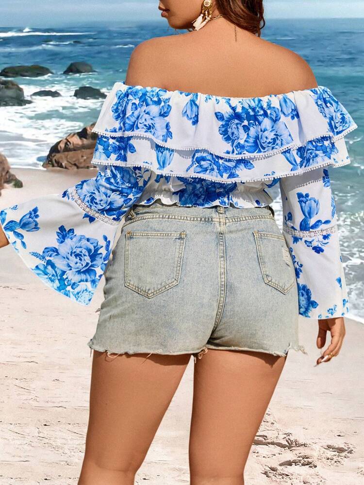 Women's Plus Size Off Shoulder Flare Sleeve Shirt Fall Cloth For Women