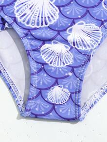 少女魚鱗印花連體泳衣套裝 - 藍色 - 查看 5