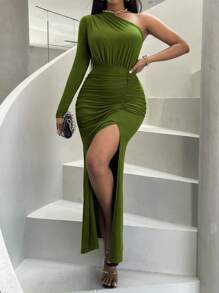 VaVaBold 女式不对称领口高开叉长款连衣裙 - 橄欖綠 - 查看 3