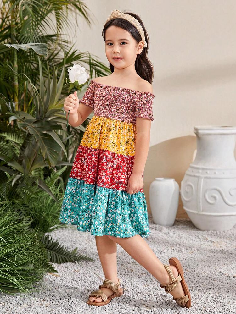 Young Girls' Color Block & Floral Print Off Shoulder Ruffled Casual Dress