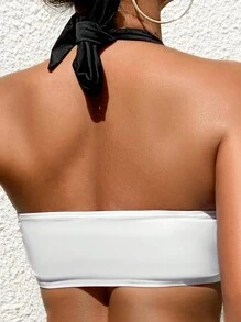 SHEIN Swim 夏季女士拼色露背比基尼套装嘉年华 - 黑與白 - 查看 3