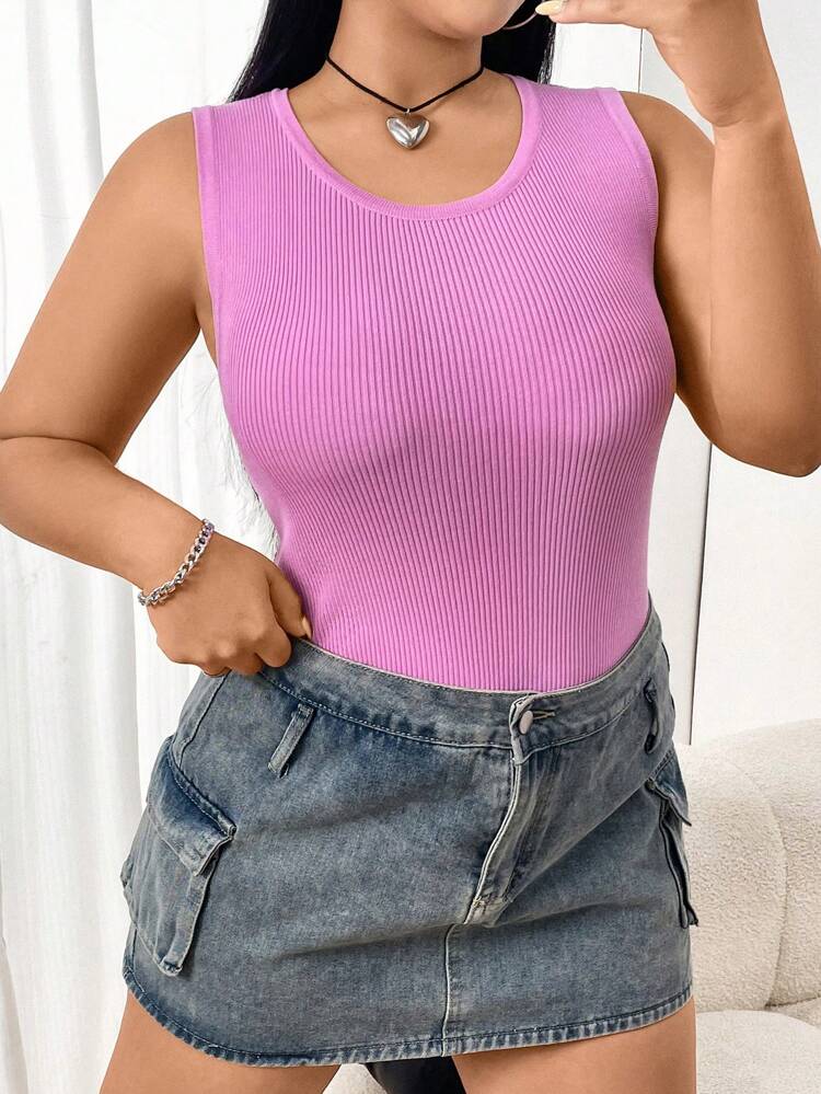 Plus Size Women's Solid Color Round Neck Sweater Vest
