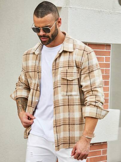 Manfinity Homme Men'S Plus Size Grid Pattern Long Sleeve Shacket