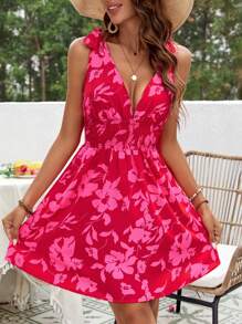 SHEIN VCAY Của phụ nữ In thực vật Eo Buộc Không tay Đầm xếp ly - Hồng - Xem 6