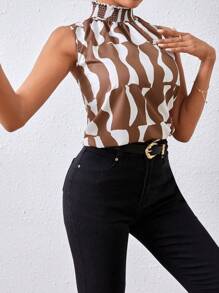 SHEIN Privé Của phụ nữ Họa tiết Hình học Cổ giả Nếp uốn Áo không tay - màu nâu - Xem 5