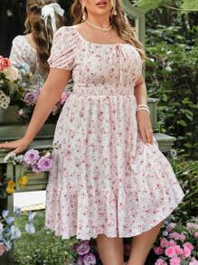 SHEIN Franclia Kích thước lớn Của phụ nữ In hoa Cổ chữ V Váy quấn Với Eo Nếp uốn - Màu Hồng baby - Xem 3