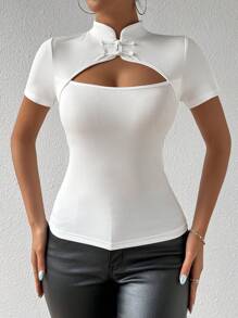 SHEIN Privé Women's Hollow Out Buckle Decor Short Sleeve T-Shirt - White - View 5