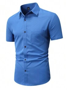 Manfinity Mode Men's Plaid Short Sleeve Shirt, Blue Men Shirts, Men's Short Sleeve Dress Shirts, Royal Blue Men Shirt, Blue Designer Shirt - Royal Blue - View 3