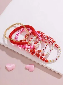 ROMWE Kawaii 6入組美麗時尚的心形珠子聚合物黏土手鐲套裝,適用於女性日常佩戴,是一份很棒的情人節禮物、新年禮物或節日禮物（手鐲+卡片） - 彩色 - 查看 4
