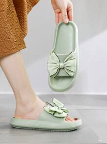 女士夏季蝴蝶結印花室內/室外拖鞋，柔軟厚實防滑鞋底 - 綠色 - 查看 4