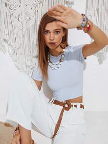 SHEIN EZwear 圓領短款t卹 - 藍色 - 查看 4