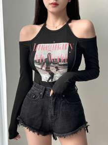 DAZY 女式露肩标语印花 T 恤、图案 T 恤、学院风上衣、长袖女式上衣、秋季女装