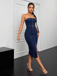 SHEIN ICON Strapless Zipper & Split Denim Dress - Medium Wash - View 3