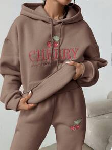 SHEIN Cottnline Women'S Cherry Printed Hoodie And Sweatpants Set With Slogan Print
