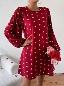 Chiquease In Trái tim Xếp li Tay áo lồng đèn Đầm - Đỏ - Xem 3