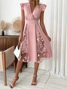 SHEIN Clasi Women's Contrast Mesh Flower Embroidery V-Neck Ruffle Edge Trim Decor Dress - Pink - View 4