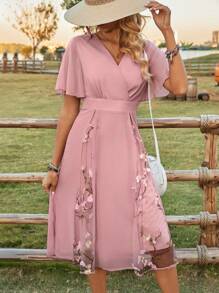 SHEIN LUNE Women'S Floral Embroidery Mesh Splicing Dress - Pink - View 4