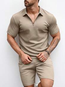 Men'S Solid Color Half-Zip Polo Shirt And Shorts Set - Khaki - View 3