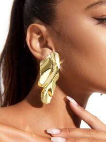 SHEIN X Lucía Bellido SHEIN BAE 1pair Metallic Pleated Design Stud Earrings - Gold - View 2