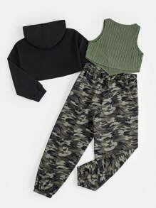 SHEIN EZwear 女款大尺寸純色羅紋背心連帽衫與迷彩抽繩翻邊褲套裝 - 彩色 - 查看 2