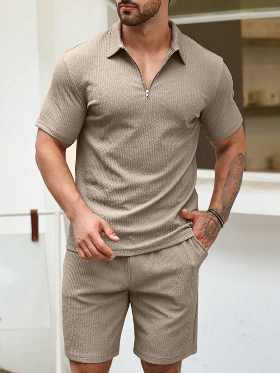 Men'S Solid Color Half-Zip Polo Shirt And Shorts Set - Khaki - View 1